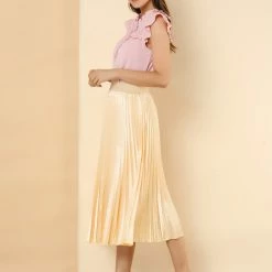 Allegra K Women's Elastic Waist Party Metallic Accordion Pleated Midi Skirt