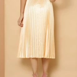 Allegra K Women's Elastic Waist Party Metallic Accordion Pleated Midi Skirt