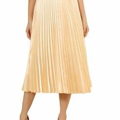 Allegra K Women's Elastic Waist Party Metallic Accordion Pleated Midi Skirt