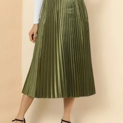 Allegra K Women's Elastic Waist Party Metallic Accordion Pleated Midi Skirt