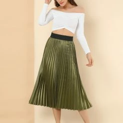 Allegra K Women's Elastic Waist Party Metallic Accordion Pleated Midi Skirt