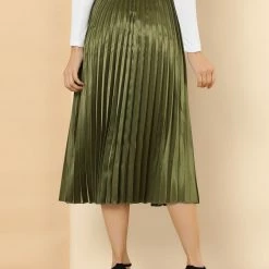 Allegra K Women's Elastic Waist Party Metallic Accordion Pleated Midi Skirt