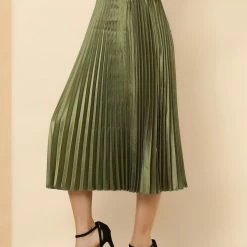 Allegra K Women's Elastic Waist Party Metallic Accordion Pleated Midi Skirt