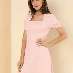 Allegra K Women's Elegant Square Neck Dresses Solid Color Cotton Puff Sleeve A-Line Short Dress