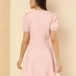 Allegra K Women's Elegant Square Neck Dresses Solid Color Cotton Puff Sleeve A-Line Short Dress