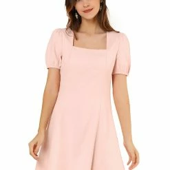 Allegra K Women's Elegant Square Neck Dresses Solid Color Cotton Puff Sleeve A-Line Short Dress