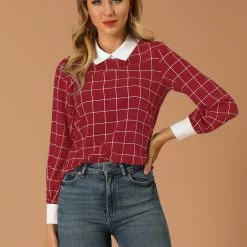 Allegra K Women's Contrast Turndown Collar Button Back Check Plaid Work Shirt