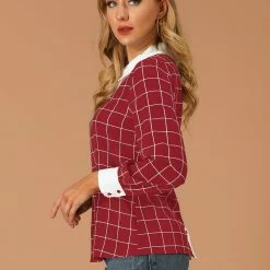 Allegra K Women's Contrast Turndown Collar Button Back Check Plaid Work Shirt