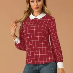 Allegra K Women's Contrast Turndown Collar Button Back Check Plaid Work Shirt