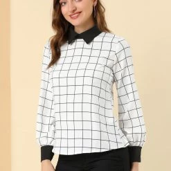 Allegra K Women's Contrast Turndown Collar Button Back Check Plaid Work Shirt