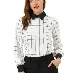 Allegra K Women's Contrast Turndown Collar Button Back Check Plaid Work Shirt