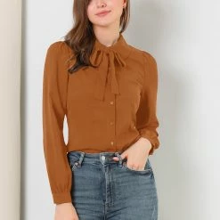 Allegra K Women's Button Down Shirt Peter Pan Collar Long Sleeve Bow Tie Neck Blouse