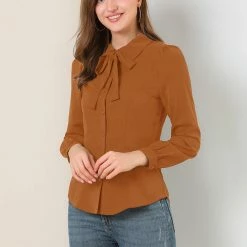 Allegra K Women's Button Down Shirt Peter Pan Collar Long Sleeve Bow Tie Neck Blouse