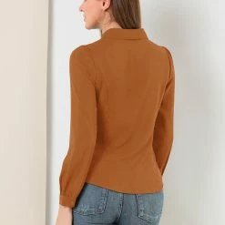 Allegra K Women's Button Down Shirt Peter Pan Collar Long Sleeve Bow Tie Neck Blouse