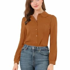 Allegra K Women's Button Down Shirt Peter Pan Collar Long Sleeve Bow Tie Neck Blouse