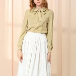 Allegra K Women's Button Down Shirt Peter Pan Collar Long Sleeve Bow Tie Neck Blouse