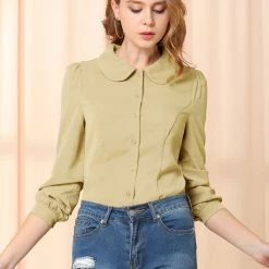 Allegra K Women's Button Down Shirt Peter Pan Collar Long Sleeve Bow Tie Neck Blouse