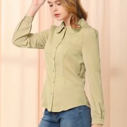 Allegra K Women's Button Down Shirt Peter Pan Collar Long Sleeve Bow Tie Neck Blouse