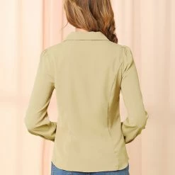 Allegra K Women's Button Down Shirt Peter Pan Collar Long Sleeve Bow Tie Neck Blouse