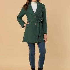 Allegra K Women's Casual Cute Turn Down Collar Slim Single Breasted Belted Coat