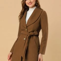 Allegra K Women's Casual Cute Turn Down Collar Slim Single Breasted Belted Coat
