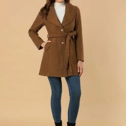 Allegra K Women's Casual Cute Turn Down Collar Slim Single Breasted Belted Coat