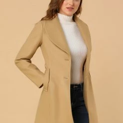 Allegra K Women's Casual Cute Turn Down Collar Slim Single Breasted Belted Coat