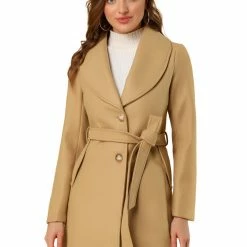 Allegra K Women's Casual Cute Turn Down Collar Slim Single Breasted Belted Coat