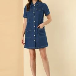 Allegra K Women's Jean Button Down Denim Belted Turndown Collar Shirtdress 29 Allegra K Women's Jean Button Down Denim Belted Turndown Collar Shirtdress