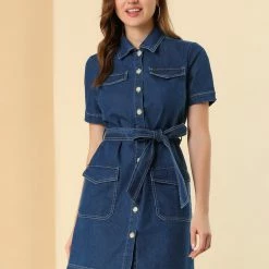 Allegra K Women's Jean Button Down Denim Belted Turndown Collar Shirtdress 30 Allegra K Women's Jean Button Down Denim Belted Turndown Collar Shirtdress