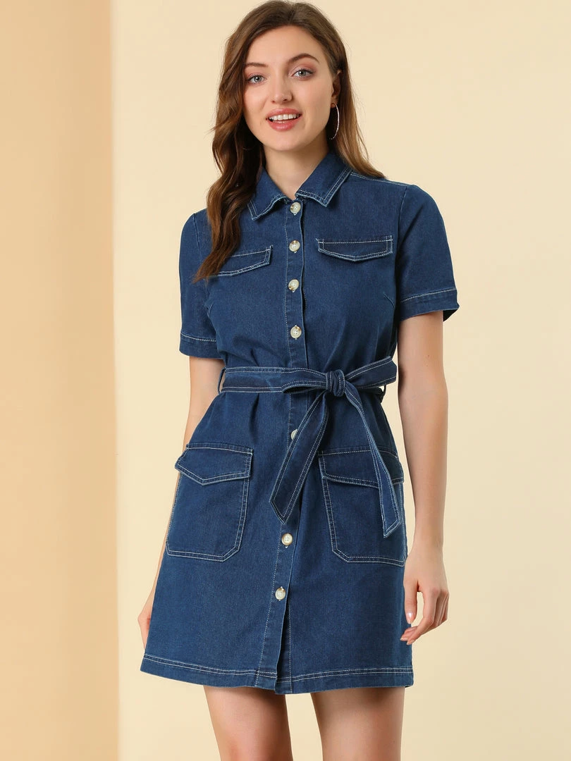 Allegra K Women's Jean Button Down Denim Belted Turndown Collar Shirtdress 6 Allegra K Women's Jean Button Down Denim Belted Turndown Collar Shirtdress