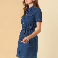 Allegra K Women's Jean Button Down Denim Belted Turndown Collar Shirtdress 31 Allegra K Women's Jean Button Down Denim Belted Turndown Collar Shirtdress