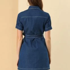 Allegra K Women's Jean Button Down Denim Belted Turndown Collar Shirtdress 32 Allegra K Women's Jean Button Down Denim Belted Turndown Collar Shirtdress