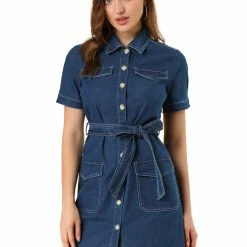 Allegra K Women's Jean Button Down Denim Belted Turndown Collar Shirtdress