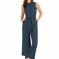 Allegra K Women's Sleeveless Jumpsuit Wide Legs Cotton Tie Button Up Work Jumpsuit 22 Allegra K Women's Sleeveless Jumpsuit Wide Legs Cotton Tie Button Up Work Jumpsuit