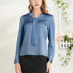 Allegra K Women's Satin Work Blouse Tie Neck Business Casual Top