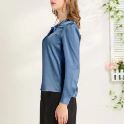 Allegra K Women's Satin Work Blouse Tie Neck Business Casual Top