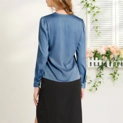 Allegra K Women's Satin Work Blouse Tie Neck Business Casual Top