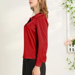 Allegra K Women's Satin Work Blouse Tie Neck Business Casual Top