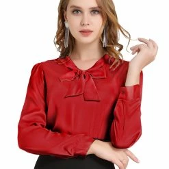 Allegra K Women's Satin Work Blouse Tie Neck Business Casual Top
