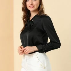 Allegra K Women's Satin Work Blouse Tie Neck Business Casual Top