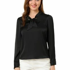 Allegra K Women's Satin Work Blouse Tie Neck Business Casual Top
