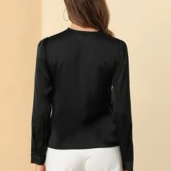 Allegra K Women's Satin Work Blouse Tie Neck Business Casual Top