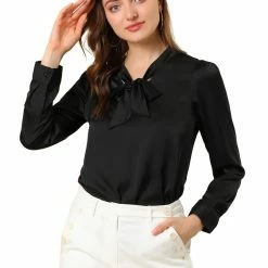 Allegra K Women's Satin Work Blouse Tie Neck Business Casual Top