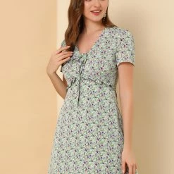 Allegra K Floral Bow Tie V Neck Shorts Sleeves Ruffle Dress Women