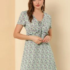 Allegra K Floral Bow Tie V Neck Shorts Sleeves Ruffle Dress Women