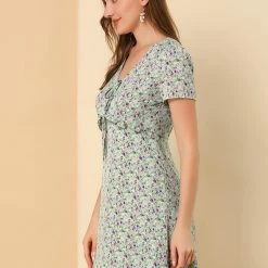 Allegra K Floral Bow Tie V Neck Shorts Sleeves Ruffle Dress Women