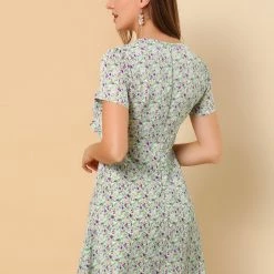 Allegra K Floral Bow Tie V Neck Shorts Sleeves Ruffle Dress Women