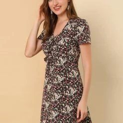 Allegra K Floral Bow Tie V Neck Shorts Sleeves Ruffle Dress Women