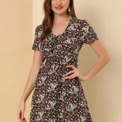 Allegra K Floral Bow Tie V Neck Shorts Sleeves Ruffle Dress Women